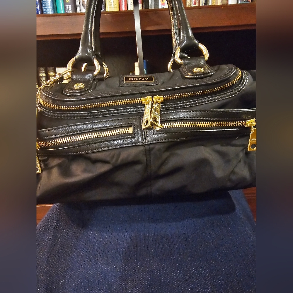 DKNY Black Nylon Leather Trim Satchel with Gold Accents - Picture 3 of 16